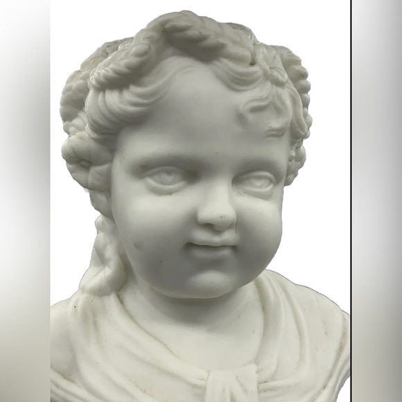 JW754 13.5” tall Antique Bisque Porcelain Girl holding Basket Statue Marked - Picture 2 of 12